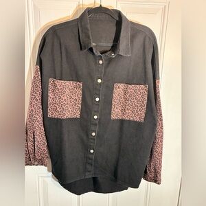 Women's Black and Pink Leopard Jean Jacket